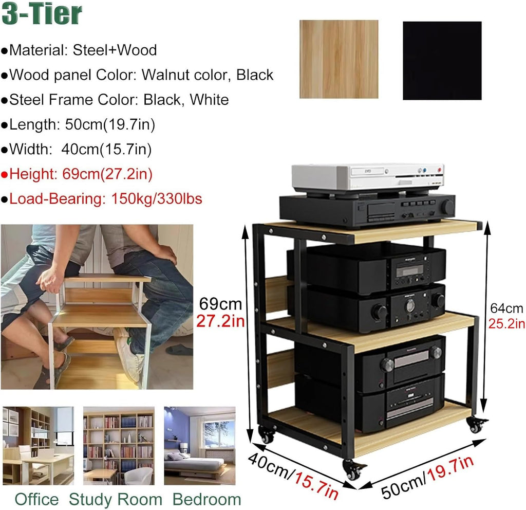 Home Stereo Rack Cabinet, 3 Layer Portable Rolling Vertical Audio-Video Media Equipment Amplifier Stand Shelf, for Office/Hotel/Coffee Shop/Game Room Storage(Walnut Color)