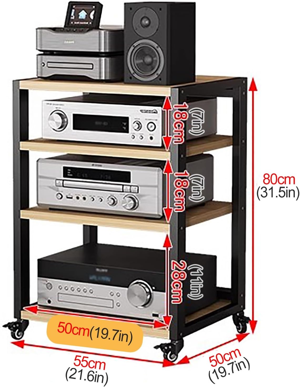 Rolling Audio Component Rack Tower Media Stereo Stand Equipment Shelf, Home Commercial Corner Entertainment Center, Stereo Shelf HiFi Audio Systems, 4 tier-80cm Tall