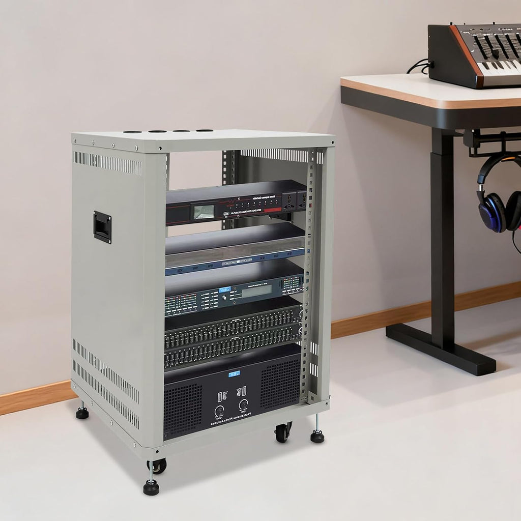 Network Audio Rack with Wheels, Steel Server Rack Cabinet for AV Equipment, Amplifiers, Network Gear, Rolling Universal Rack with Cable Management & Ventilation (Gray, 15U)
