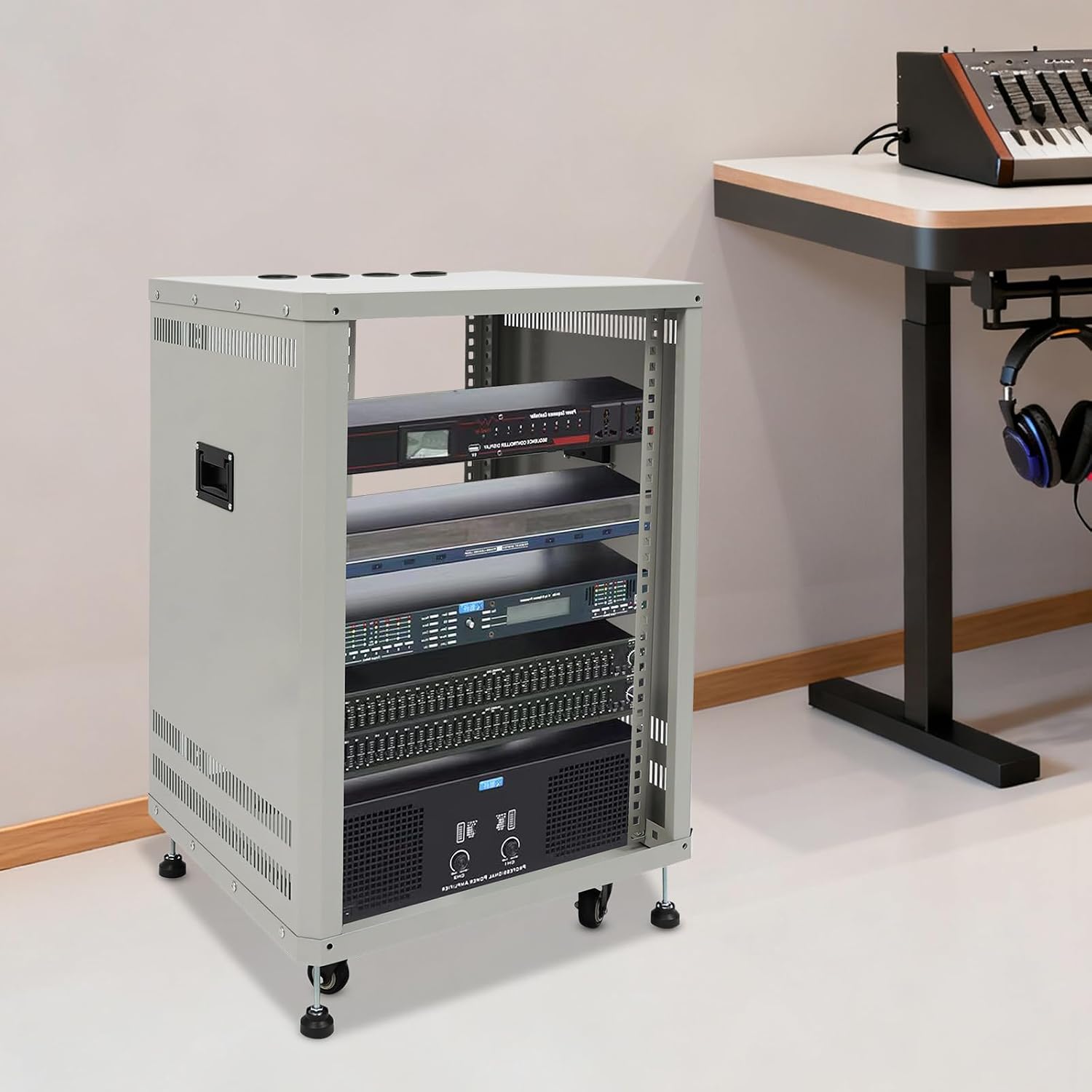 Network Audio Rack with Wheels, Steel Server Rack Cabinet for AV Equipment, Amplifiers, Network Gear, Rolling Universal Rack with Cable Management & Ventilation (Gray, 15U)