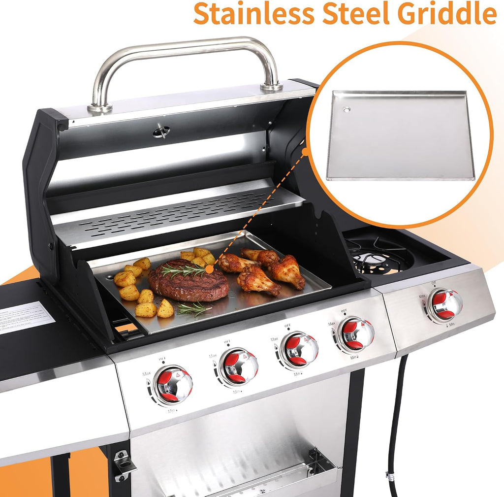 Dual Fuel 4-Burner Propane Gas Grill with Side Burner & Charcoal Trays | Outdoor BBQ & Griddle Combo with Cast Iron Grates, Stainless Steel Flat Top 448 sq. in. for Backyard Patio Camping