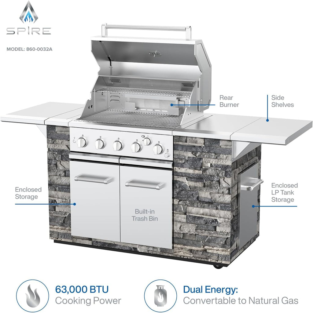 SPIRE Premium 5 Burner Built In Gas Grill Island Head, Stainless Steel 30' Barbeque Grill with Rear Burner, 63,000 BTUs, 758 SQ In Racks, Propane Grill with Dual Fuel Compatibility (Gray) – 860-0032A