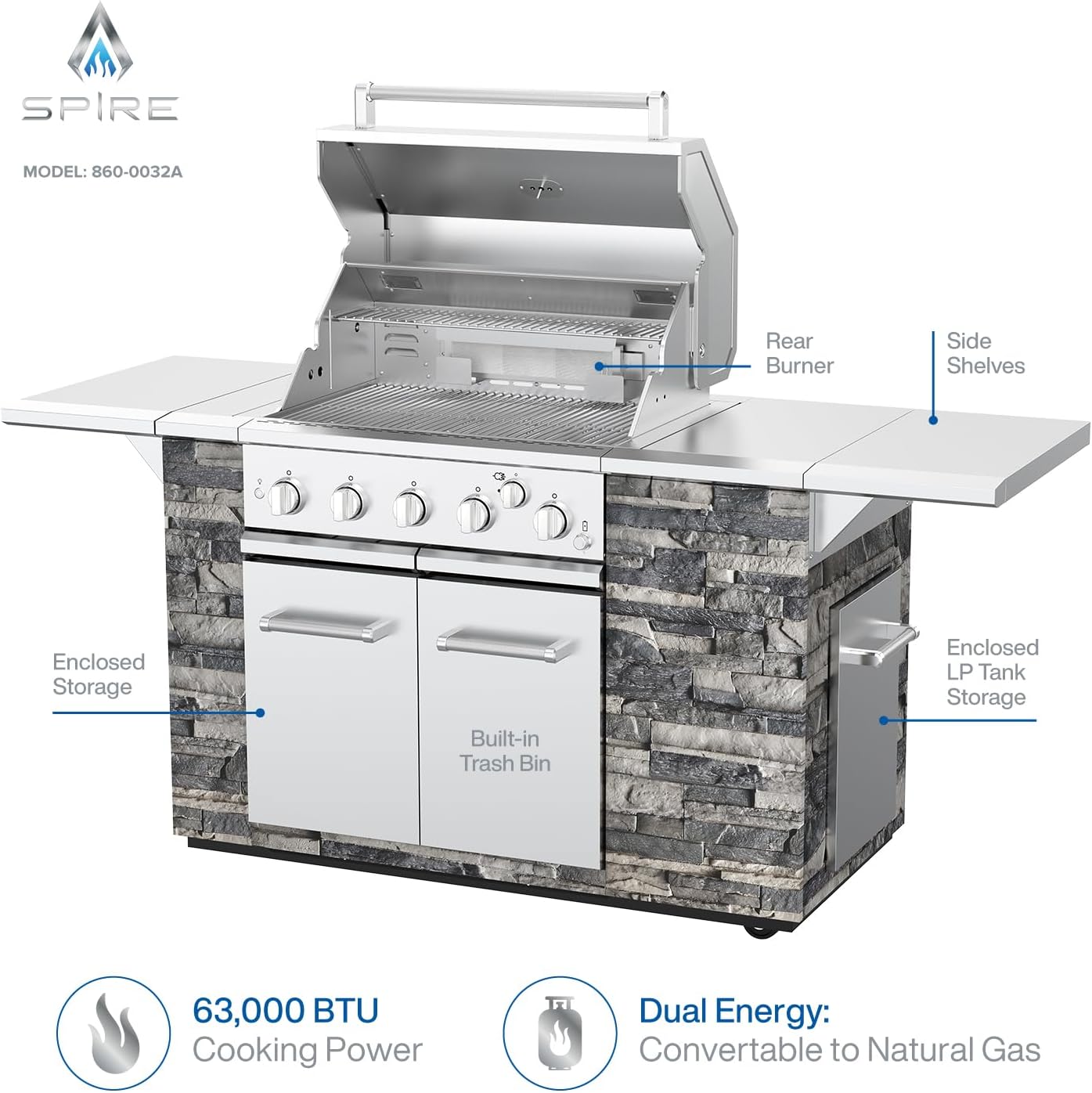 SPIRE Premium 5 Burner Built In Gas Grill Island Head, Stainless Steel 30' Barbeque Grill with Rear Burner, 63,000 BTUs, 758 SQ In Racks, Propane Grill with Dual Fuel Compatibility (Gray) – 860-0032A