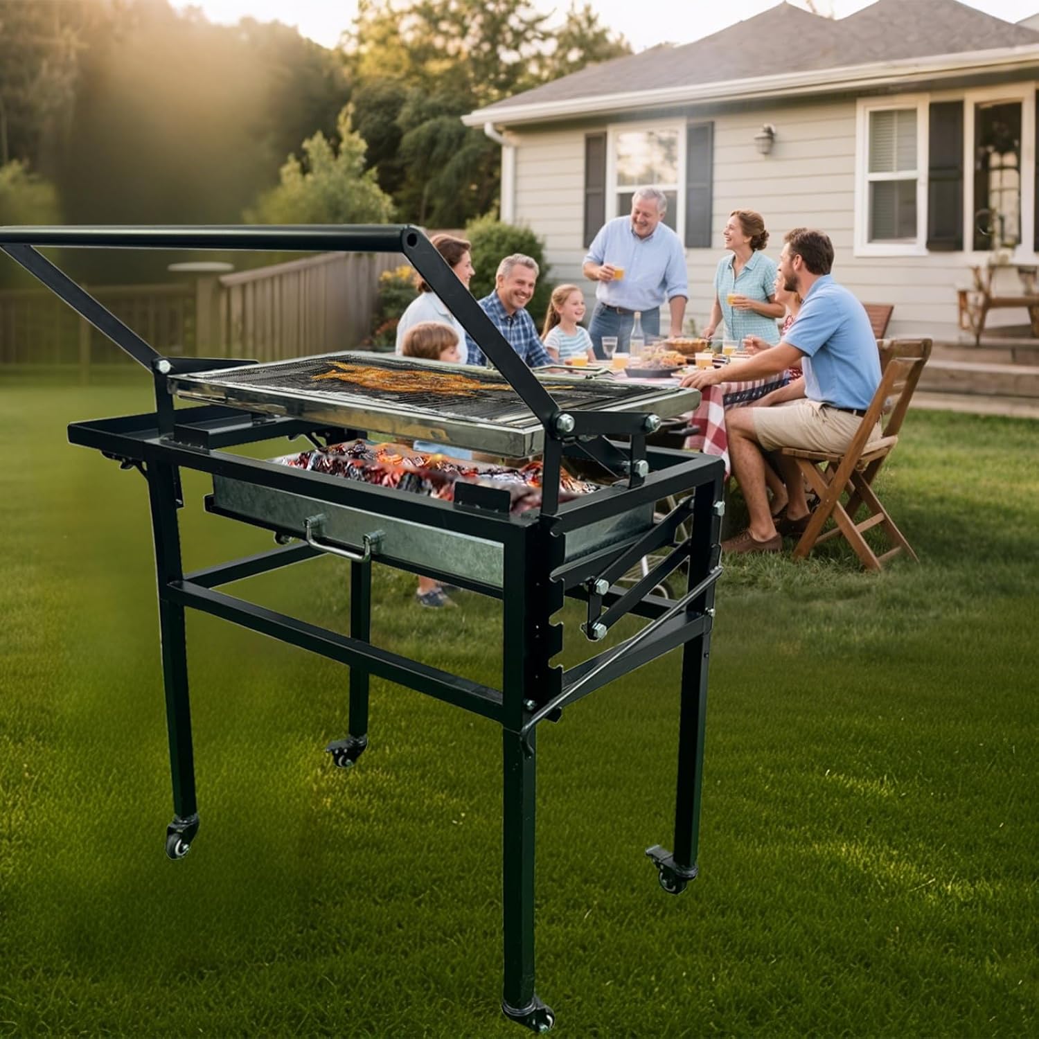 Portable Charcoal BBQ Grill, 360° Rotating Barbecue Grill with Wheels, Stainless Steel Cooking Grid, Adjustable Charcoal Tray, for Camping, Picnic, Patio & Backyard Parties