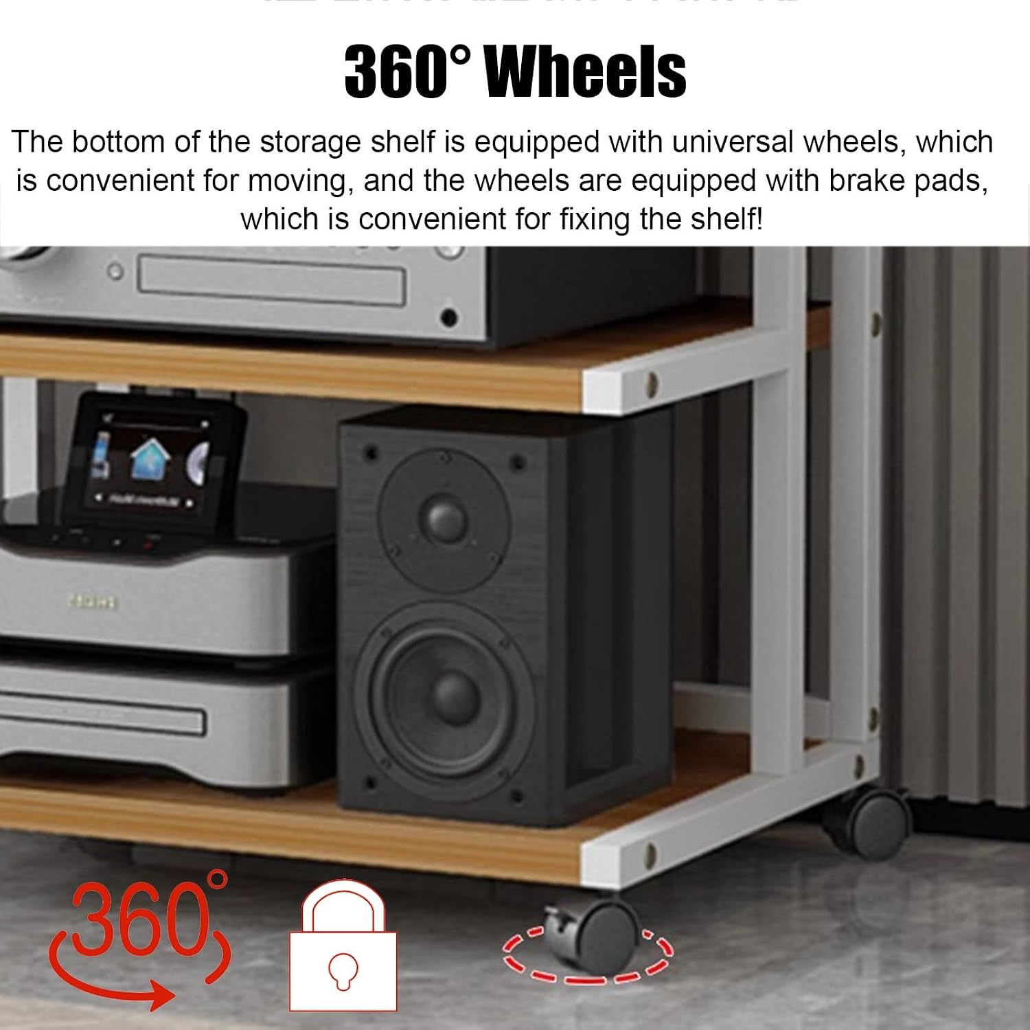 WDJBPSH Floorstanding DVD CD Player Stand, Audio Media Equipment Storage Rack with Wooden Shelf, Home Gaming Consoles Organizer Holder with Brake Wheels & Handrails(Size:4-Tier)