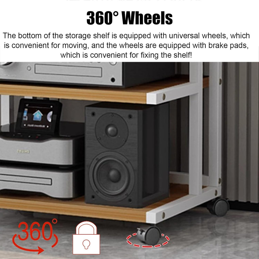 WDJBPSH Floorstanding DVD CD Player Stand, Audio Media Equipment Storage Rack with Wooden Shelf, Home Gaming Consoles Organizer Holder with Brake Wheels & Handrails(Size:3-Tier)