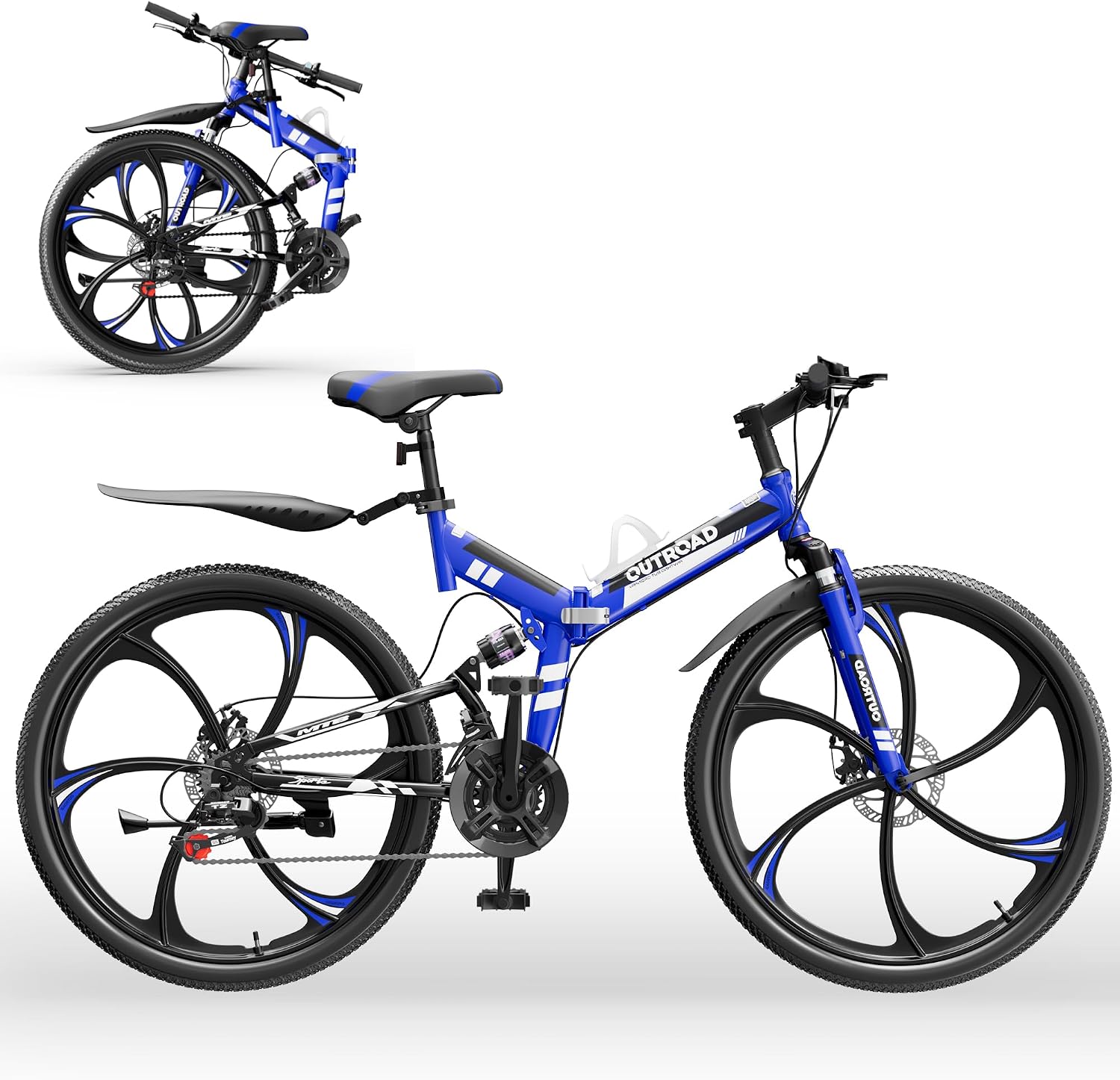 Outroad 26 Inch Folding Mountain Bike, 21 Speed Full Suspension High-Carbon Steel MTB Foldable Bicycle, Dual Disc Brake Non-Slip Folding Bikes for Adults/Men/Women, Black, Orange and Green