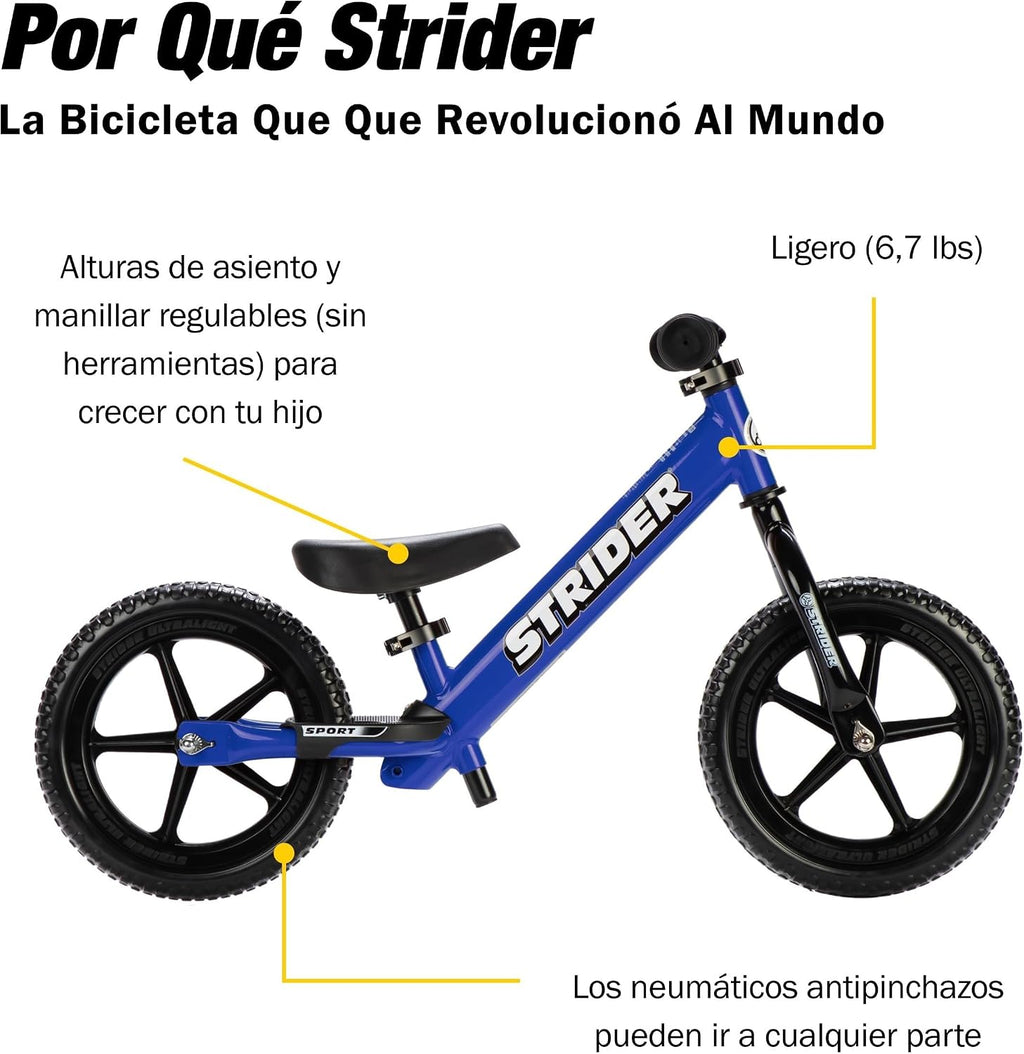 Strider 12' Sport Bike - No Pedal Balance Bicycle for Kids 1 to 4 Years - Includes Safety Pad, Padded Seat, Mini Grips & Flat-Free Tires - Tool-Free Assembly & Adjustments