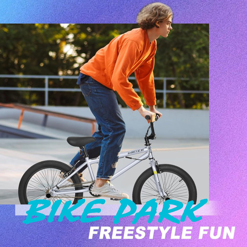 WEIZE Freestyle BMX Bike, 20 inch Trick Bicycle for Kids, Hi-Ten Steel Frame, 360 Degree Rotor Freestyle, 4 Pegs Single Speed Teen Bike for Boys Girls & Beginner-Level to Advanced Riders