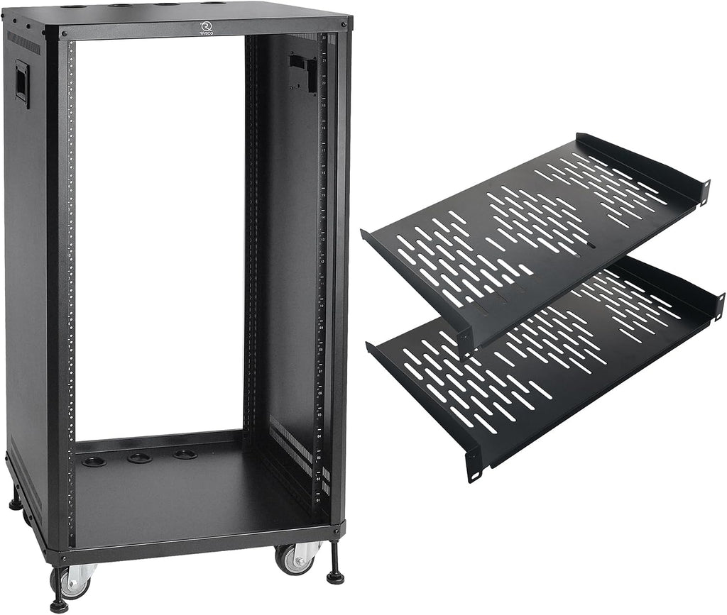 RIVECO 22U Stereo & Studio Rack with Caster Wheels, Rolling Network Cabinet, Open Frame Audio Rack for 19-inch Video Music Recording & IT Equipment Lifting Handle & 10' Rack Shelves 2 PCS