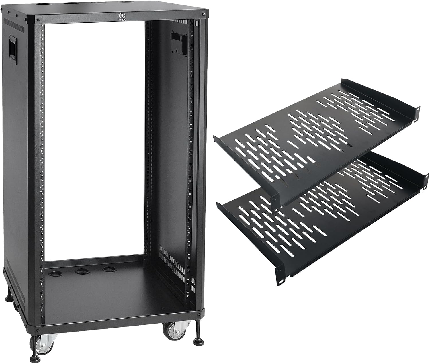 RIVECO 22U Stereo & Studio Rack with Caster Wheels, Rolling Network Cabinet, Open Frame Audio Rack for 19-inch Video Music Recording & IT Equipment Lifting Handle & 10' Rack Shelves 2 PCS