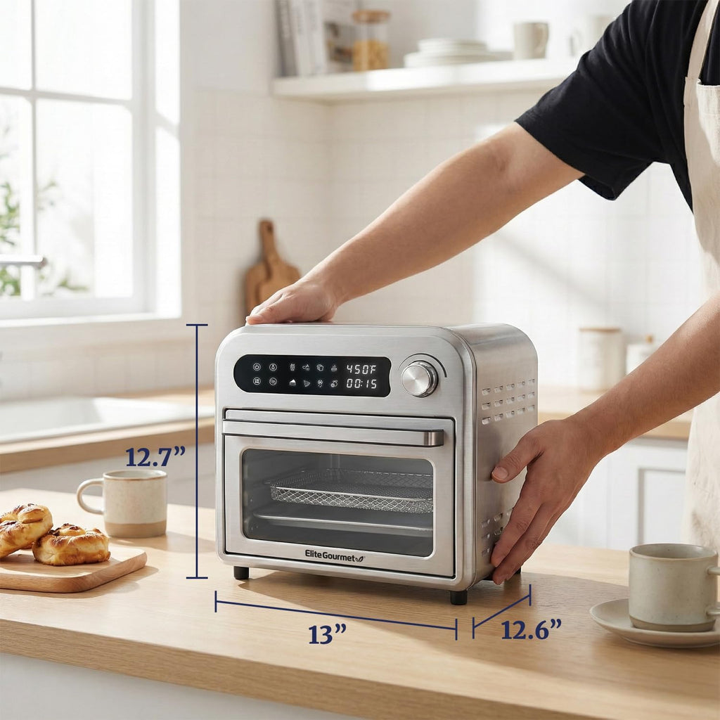 Elite Gourmet EAF1010D Programmable 10L Air Fryer Convection Countertop Oven, 8 Menu Settings, Temperature + Timer Controls, Bake, Toast, Broil, Air Fry, 1500W with Recipes, Steel Exterior