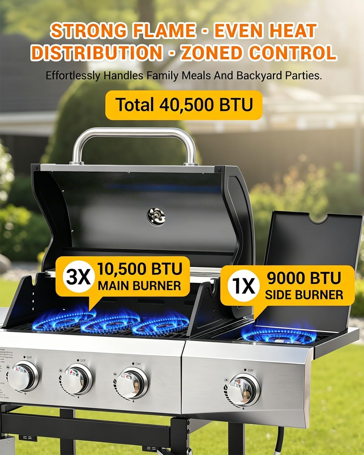 EUHOME 40,500 BTU 3-Burner Propane Gas Grill with Side Burner, Stainless Steel Outdoor BBQ Grill with 380 sq.in Cooking Space, 4 Swivel Casters & Cast Iron Grates for Patio Backyard Garden