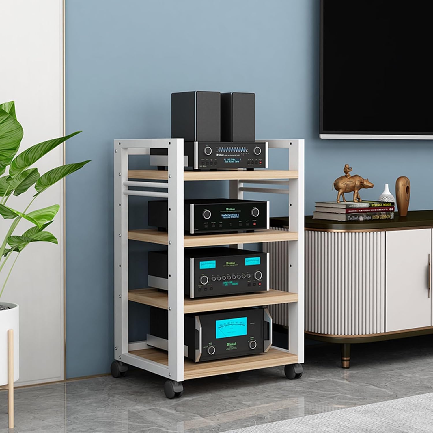 Open 4-Tier Media Stand Audio Video Component Cabinet DVD CD Player Stand Stereo Power Amplifier Equipment Storage Rack with Height Adjustable Wooden Shelf for Home/Office/Theater (Color : E)