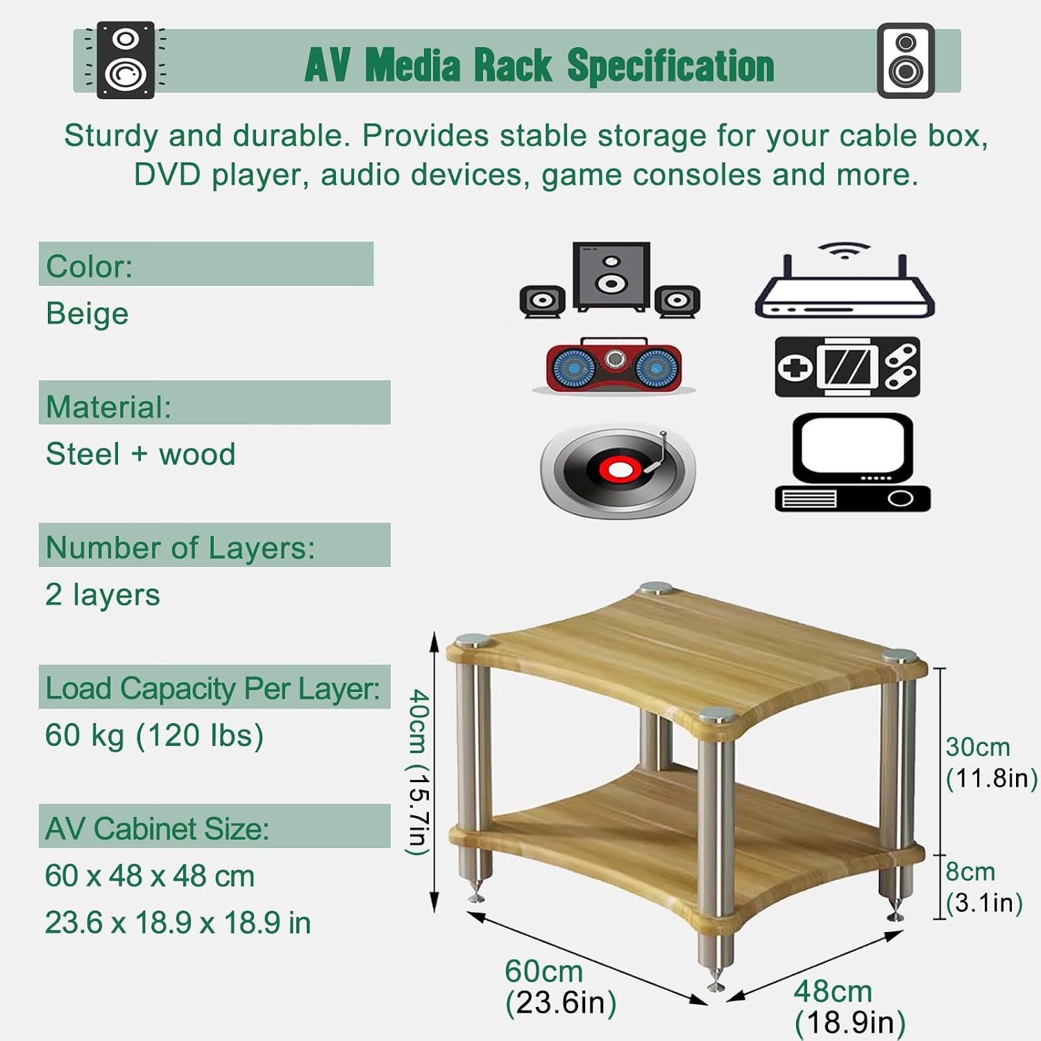 AV Media Tower Stereo Cabinet, 1/2/3/4 Tier Floor-Standing Audio Component Stand, Audio Equipment Storage Shelf for Home Theater Meeting Room Office(60x48x40cm)