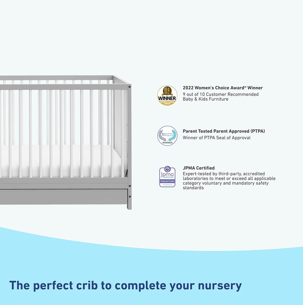 Graco Teddi 5-in-1 Convertible Crib with Drawer – GREENGUARD Gold Certified, Full-Size Nursery Storage Drawer, Baby Crib Converts to Toddler Bed, Daybed and Full-Size Bed (Pebble Gray and White)