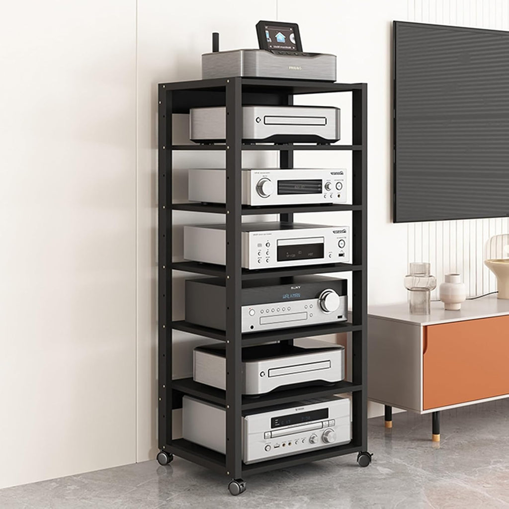 Audio Rack Av Tower Media Stand 5 6 7 Tier Electronics Equipment Shelf, Black Movable Record Player DVD Holder, Entertainment Video Game Console Cabinet Shelf(131cm/51.6in high(7 Tier))
