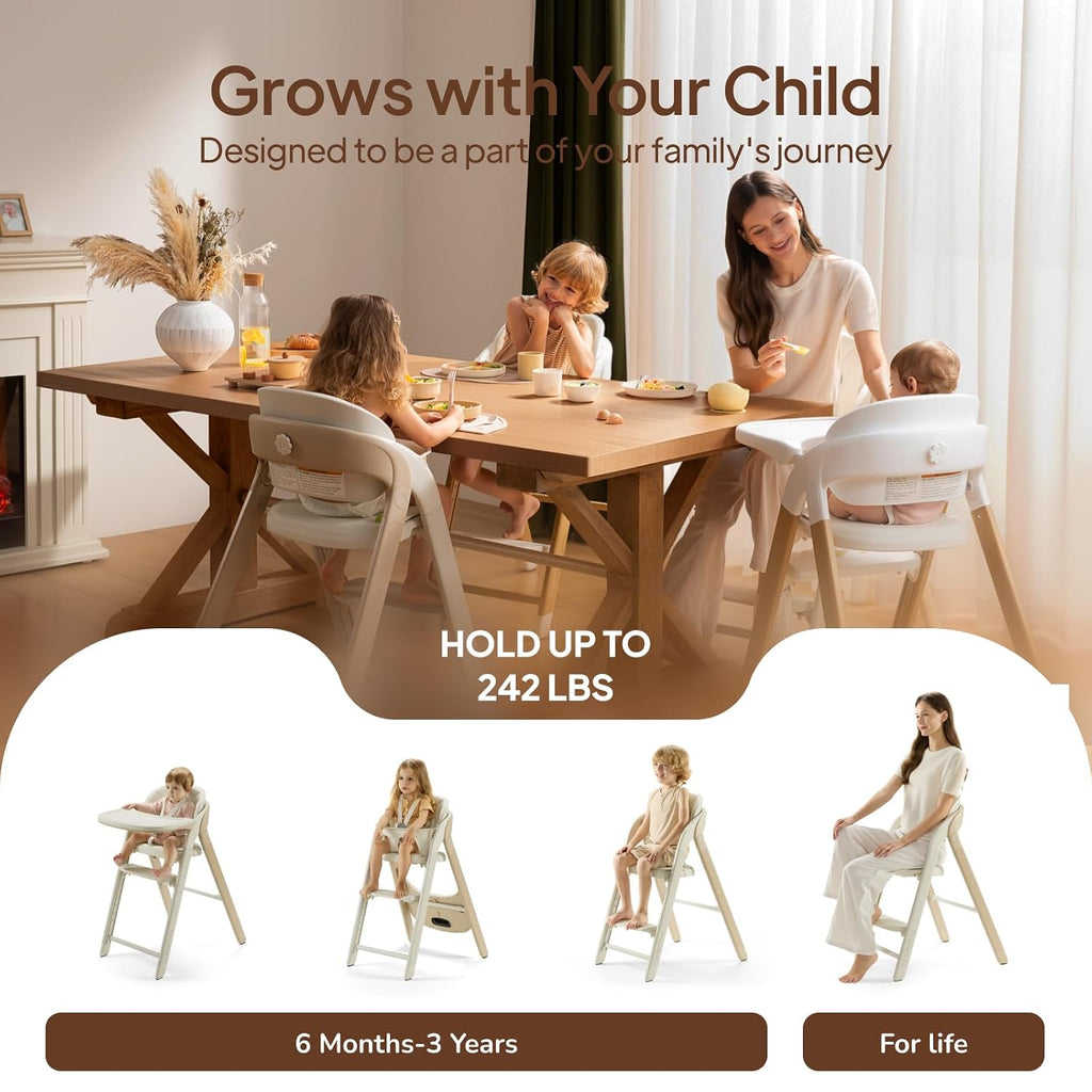 Tinyiota High Chair for Babies and Toddlers, Foldable & 8-Level Adjustable, Removable Tray, Ergonomic Baby Highchair Convertible Chair for Toddler to Adult (Coffee Color)