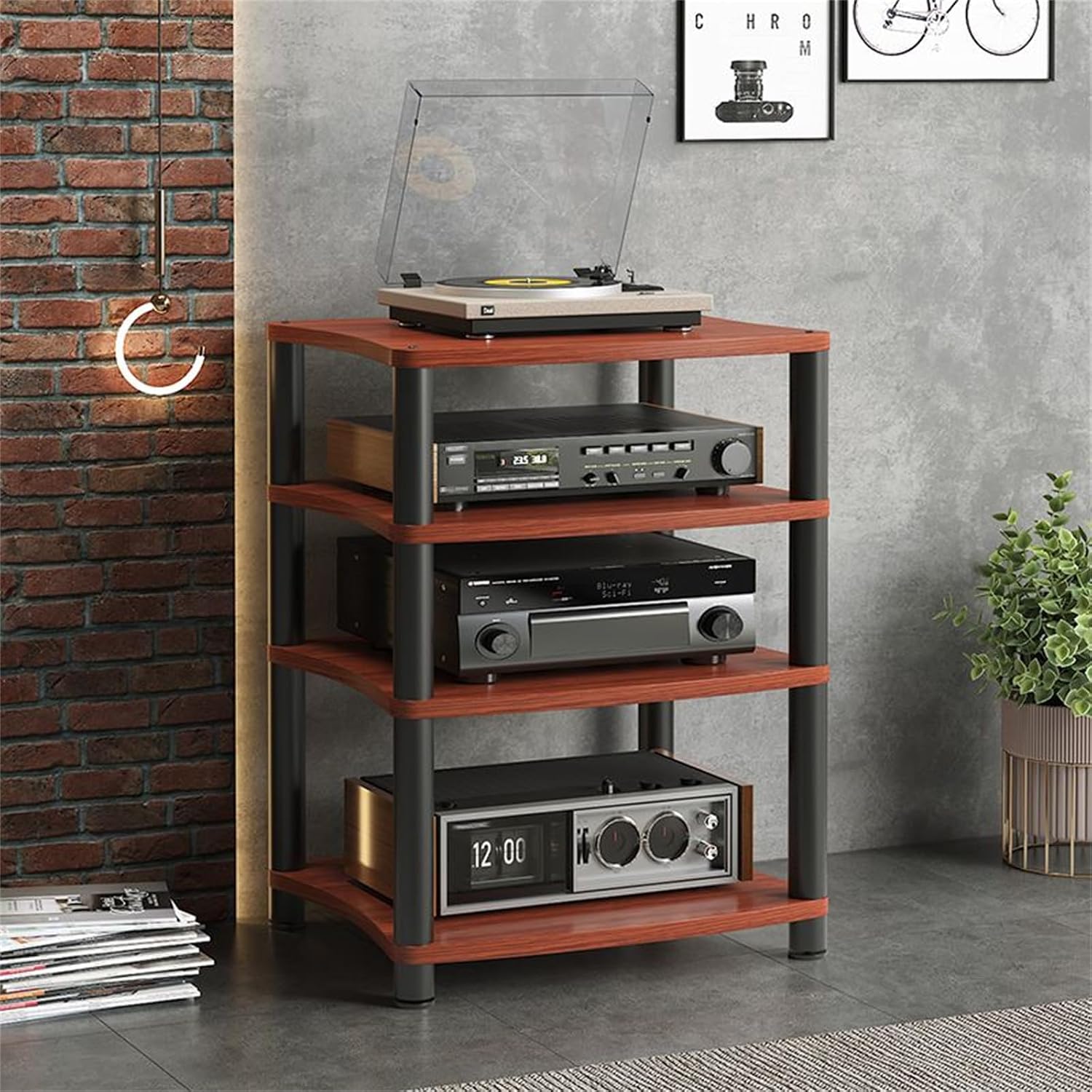 4-Tier Walnut Stereo Rack AV Media Stand, Audio Tower Cabinet with Shelves for CD Player, Receiver & Equipment - Stylish Display Rack for Home Entertainment