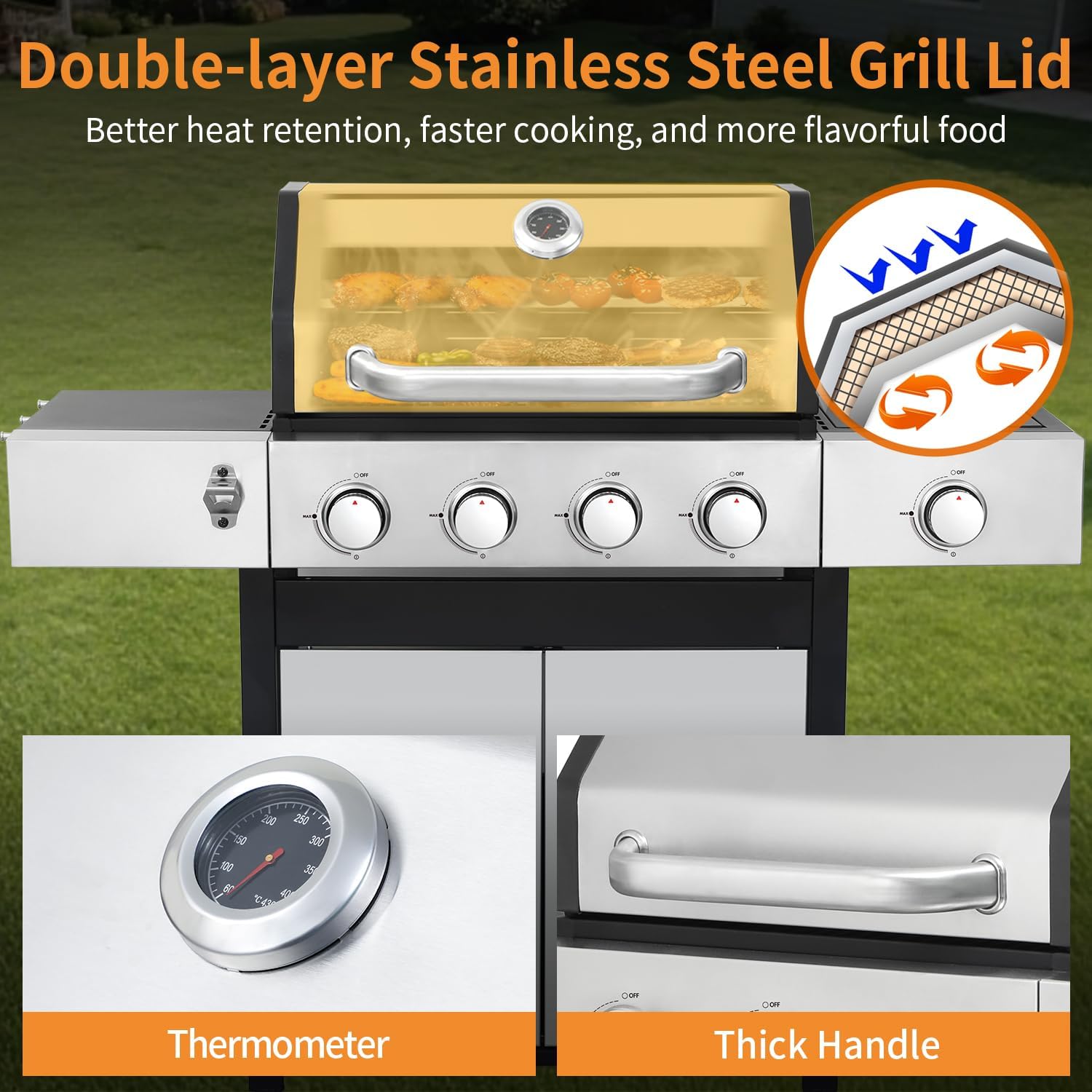 4 Burner Propane Gas Grill | 49,000 BTU Cast Iron Grill, Storage, Side Burner, Pullout Oil Drip Tray | Perfect for outdoor Cooking, Garden, Backyard and Patio