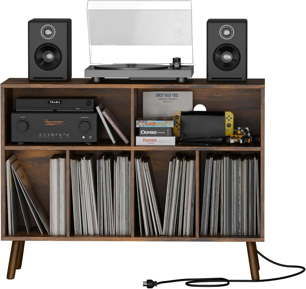 Cozy Castle Record Player Stand with Vinyl Storage Cabinet, Wood Turntable Table Open Shelf Holder Up to 350 Albums Cube Storage Organizer for Living Room, Office, Rustic Brown