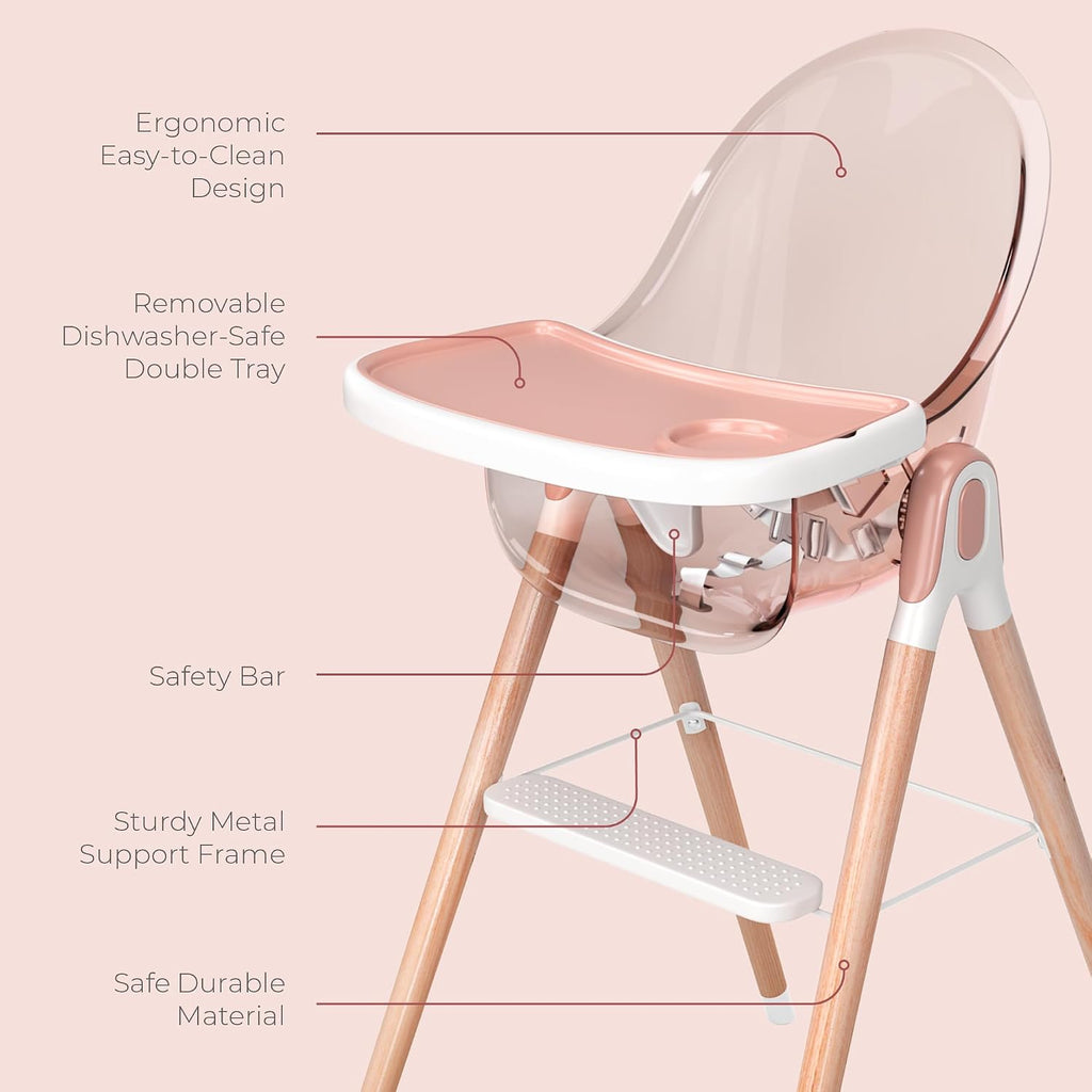 6 in 1 Deluxe Wooden High Chair for Babies & Toddlers, Modern Safe & Compact Baby Highchair, Easy to Clean & Assemble, Removable Tray, 6 Options 3 Seat Positions 2 Heights (Pink)