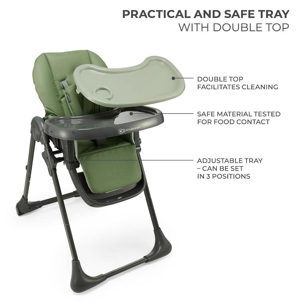 Kinderkraft Tummie, 2-in-1 high Chair, Baby Chair, Ergonomic, Comfortable, Reclining, Foldable, with Ajustable Height, Footrest, Detachable Tray, for Toddler, with Toys, Green