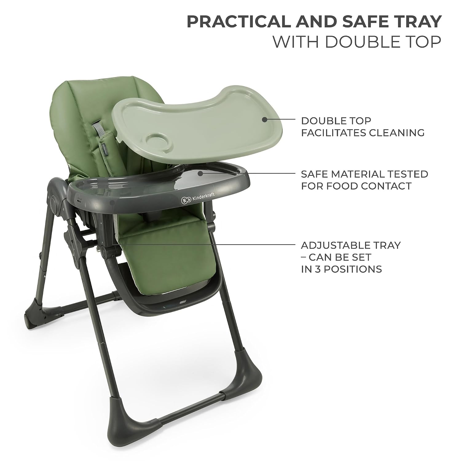 Kinderkraft Tummie, 2-in-1 high Chair, Baby Chair, Ergonomic, Comfortable, Reclining, Foldable, with Ajustable Height, Footrest, Detachable Tray, for Toddler, with Toys, Green
