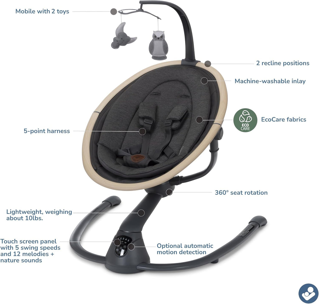 Maxi-Cosi Cassia Smart Baby Swing for Infants, Portable Foldable Swing with Music, 360 Rotation, 5 Speeds, 12 Melodies, EcoCare Fabric, Auto Motion Sensor, 2 Reclines, Classic Graphite