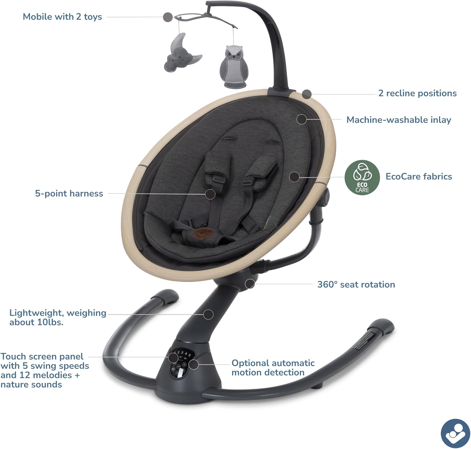 Maxi-Cosi Cassia Smart Baby Swing for Infants, Portable Foldable Swing with Music, 360 Rotation, 5 Speeds, 12 Melodies, EcoCare Fabric, Auto Motion Sensor, 2 Reclines, Classic Graphite