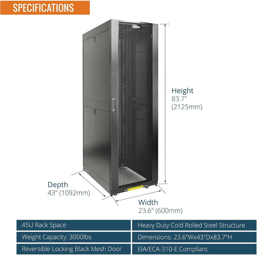 Tecmojo 45U Server Rack Cabinet - PRE-Assembled 24inch Width 43inch Depth IT Network Equipment Cabinet Rack Enclosure with Casters - 3000lbs Weight Capacity(06Black)