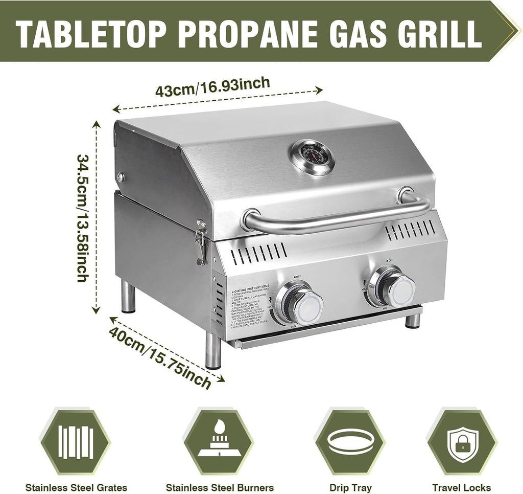All-in-One Outdoor Grill Table with Built-in 2-Burner Propane Grill – Portable Stainless Steel Cooking Station with Storage, Hooks & Lockable Wheels for Camping, Tailgating, Backyard BBQ