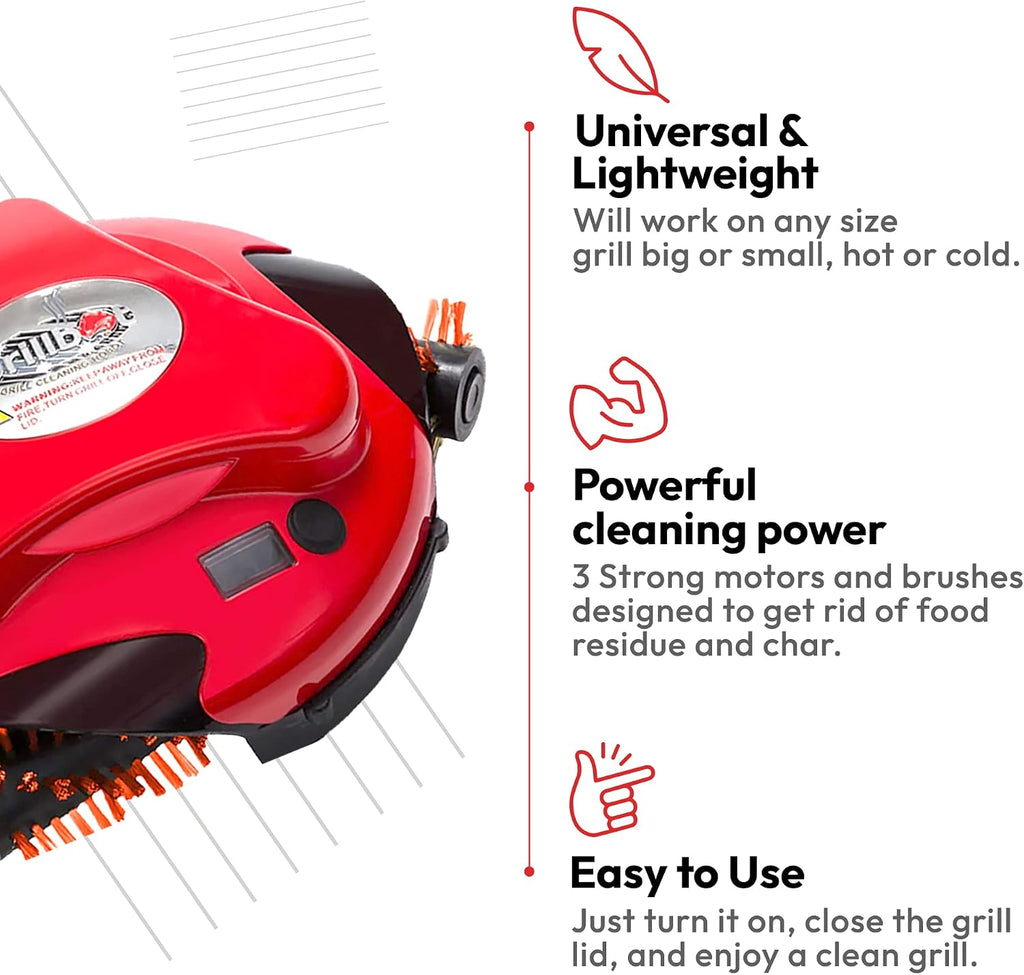 Grillbot Automatic Grill Cleaning Robot with Nylon Brushes, Electric BBQ Cleaner Brush with Motorized Power, Cordless Rechargeable Grill Scrubber for Outdoor Grills (Red)