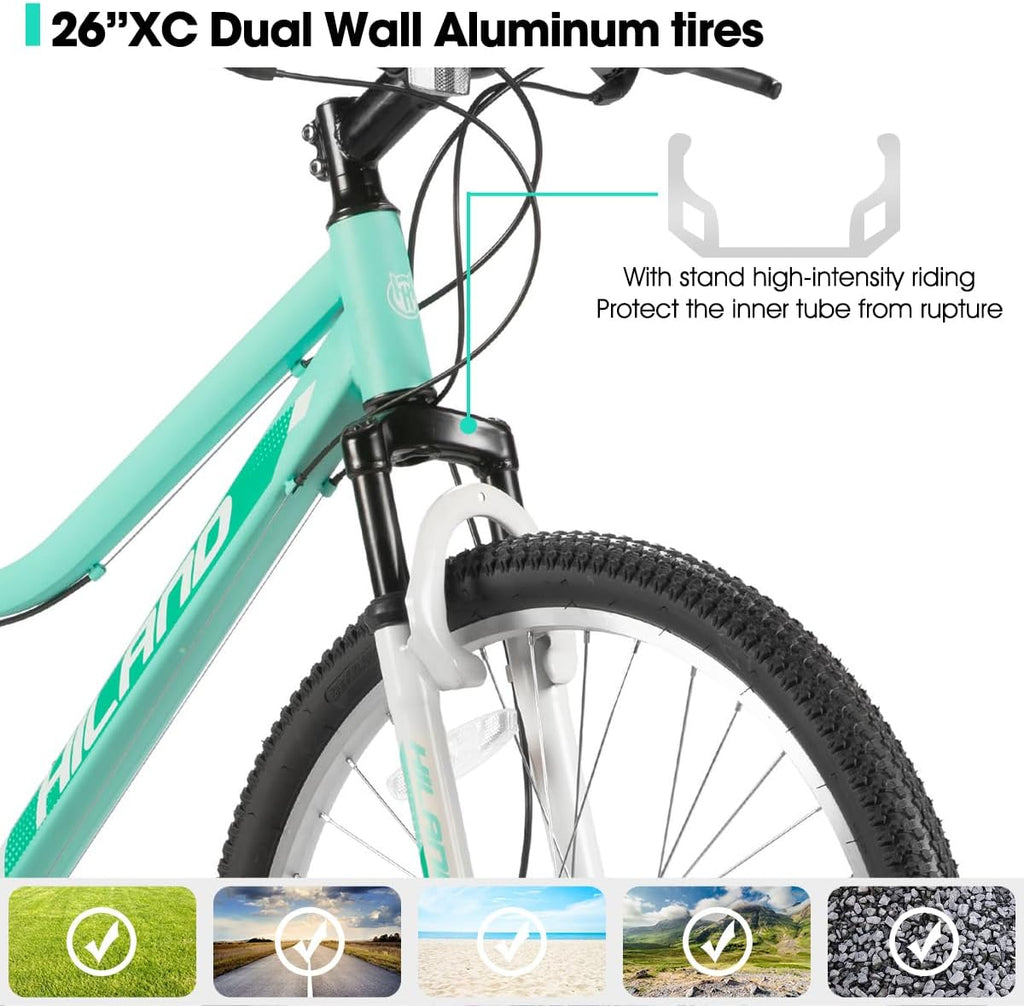 Hiland 26 Inch Womens Mountain Bike, with Step-Through Frame, 18 Speeds, Suspension Fork MTB, Bicycle for Women Men Adult