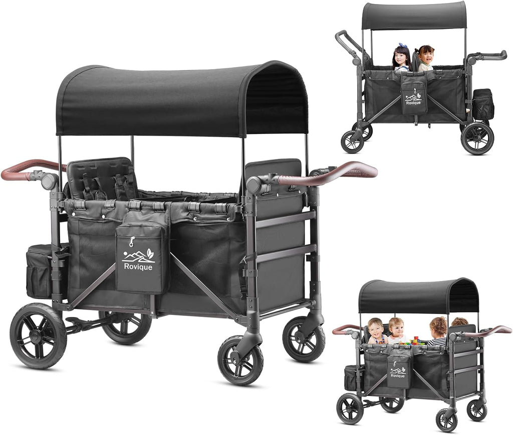 Rovique Wagon Stroller 4 Seater – Includes Adjustable Canopy,Convertible Seats, Snack Tray, Parent Organizer, 5-Point Harness, Push/Pull Adjustable Handle