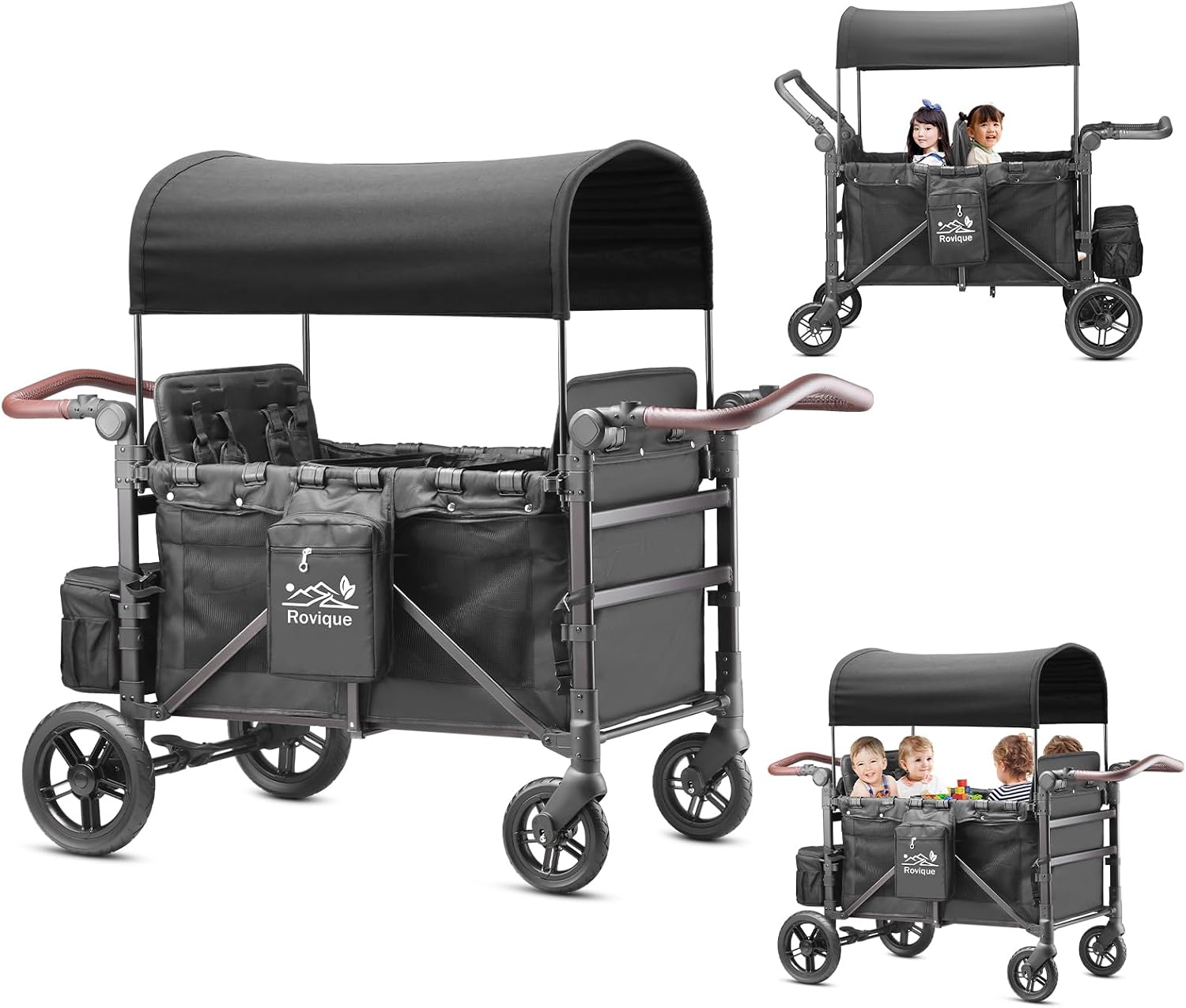 Rovique Wagon Stroller 4 Seater – Includes Adjustable Canopy,Convertible Seats, Snack Tray, Parent Organizer, 5-Point Harness, Push/Pull Adjustable Handle