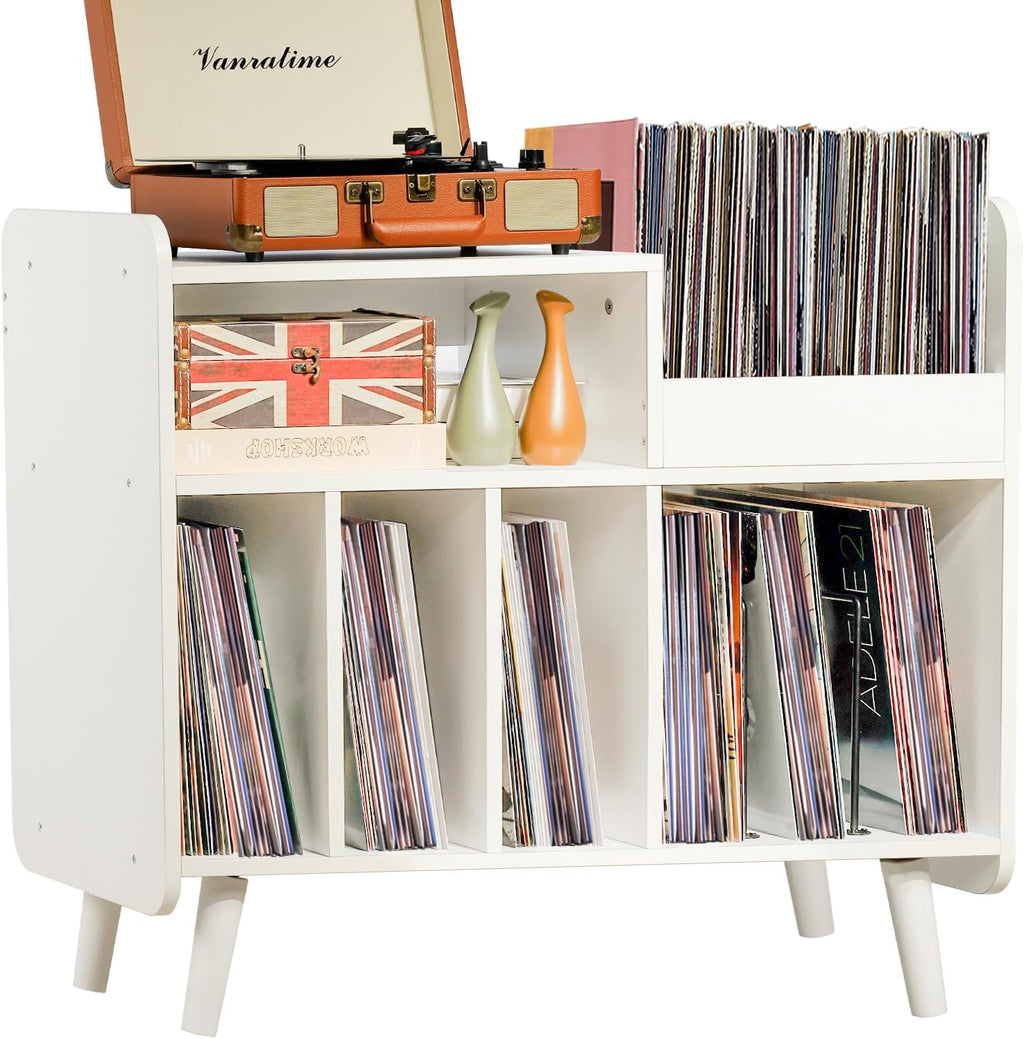 Record Player Stand, Large Record Player Table Cabinet with Open Vinyl Storage and Display Shelf Holds up to 350 Albums, Mid Century Wood Turntable for Living Room, Bedroom (White)