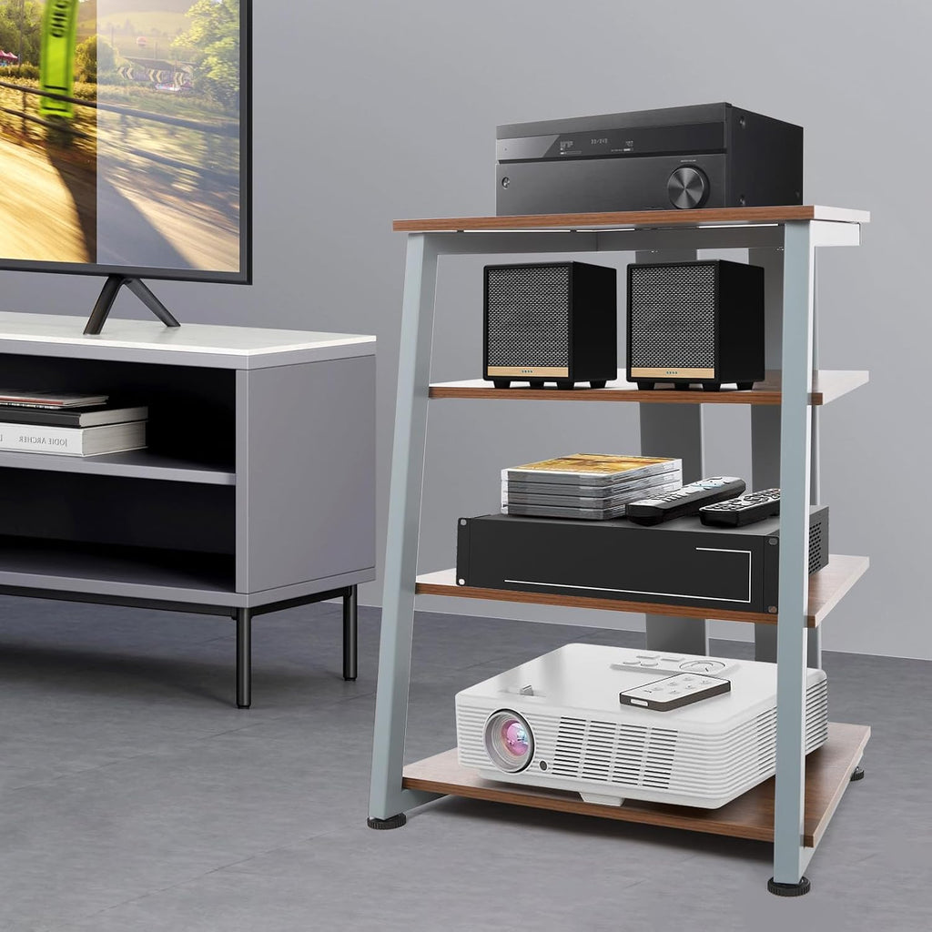 4-Tier AV Media Stand, Corner Shelf Stereo Audio Rack Stand with Adjustable Shelves, 110 lbs Total Capacity, Perfect for Home Theaters, Studios (Brown+Gray)
