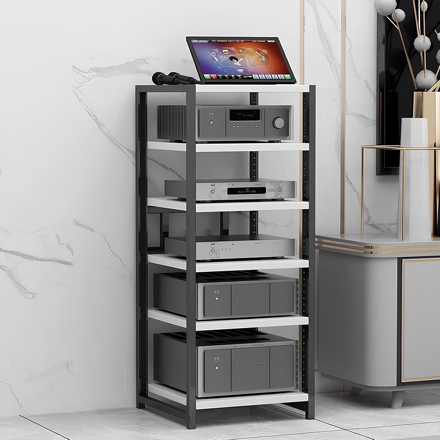 Heavy-Duty Audio Video Rack - 6-Tier Metal Frame Stand for Home, Studio & Gaming - Open Mobile Stereo Organizer for Living Room & Recording Use - Bianco Finish