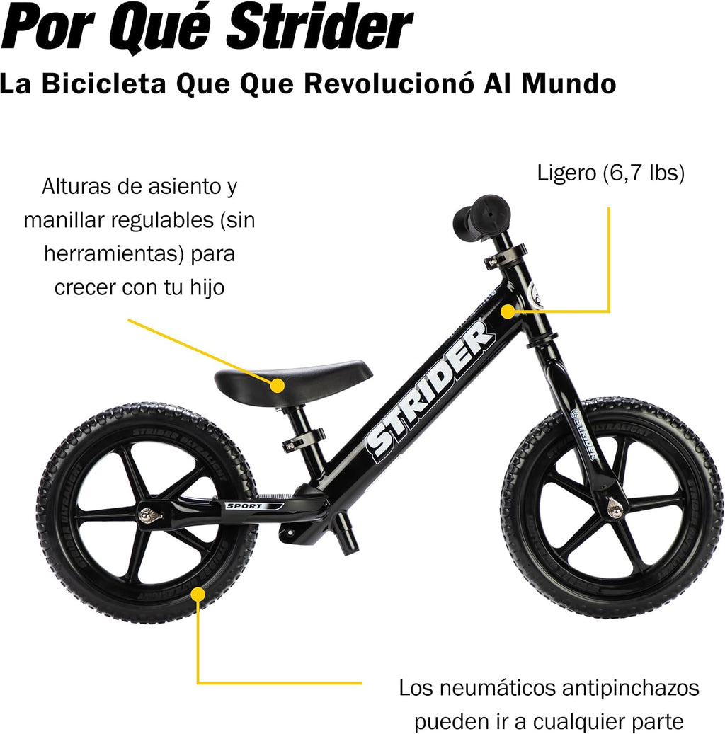 Strider 12' Sport Bike - No Pedal Balance Bicycle for Kids 1 to 4 Years - Includes Safety Pad, Padded Seat, Mini Grips & Flat-Free Tires - Tool-Free Assembly & Adjustments