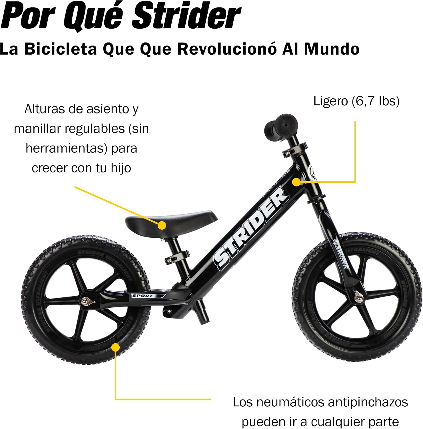 Strider 12' Sport Bike - No Pedal Balance Bicycle for Kids 1 to 4 Years - Includes Safety Pad, Padded Seat, Mini Grips & Flat-Free Tires - Tool-Free Assembly & Adjustments