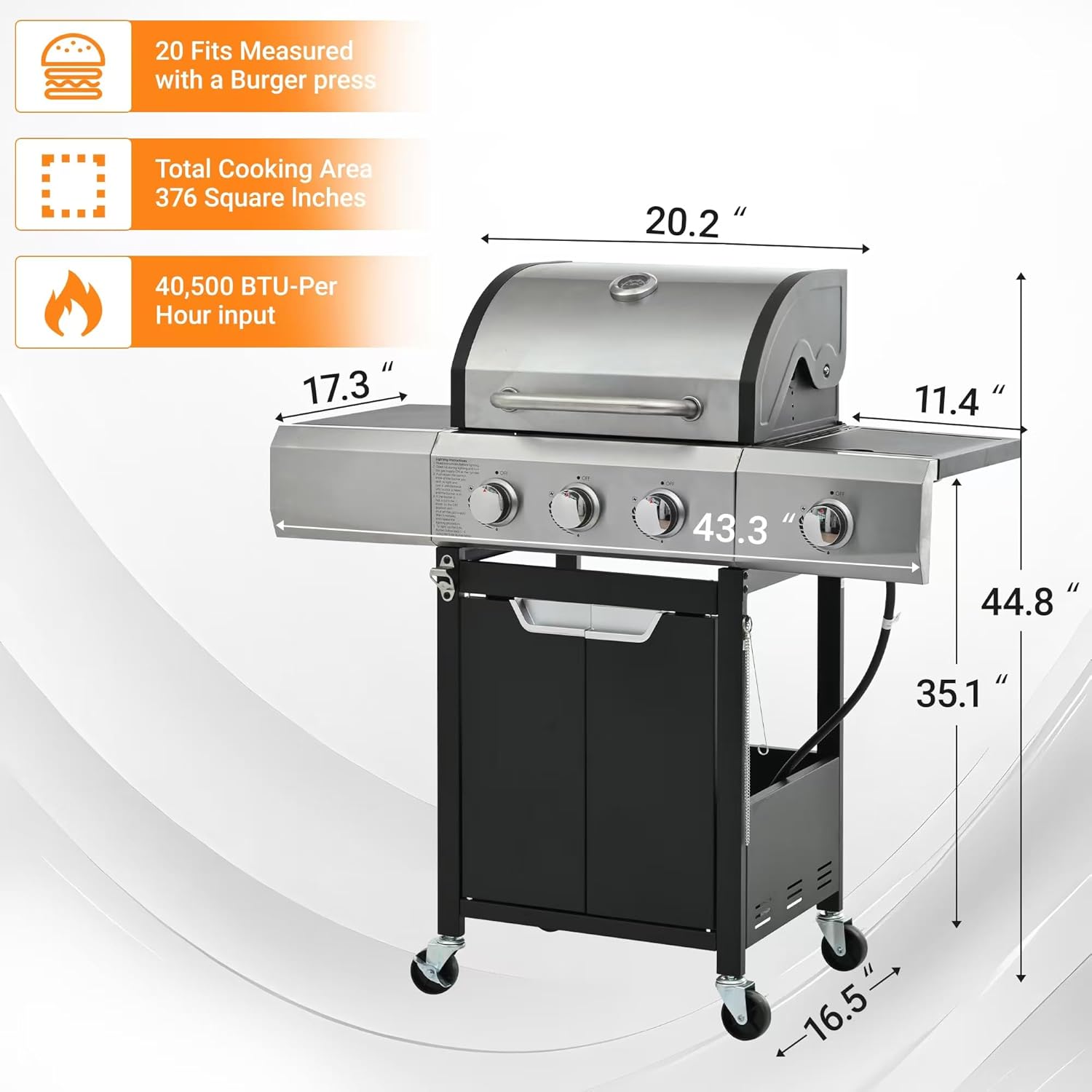 Endark 3-Burner BBQ Grill with Side Burner and Grill Cover,40,500 BTU Stainless Steel Propane Grill, Including Thermometer Wheels, Gas Grill for Garden Cooking and Family Gatherings