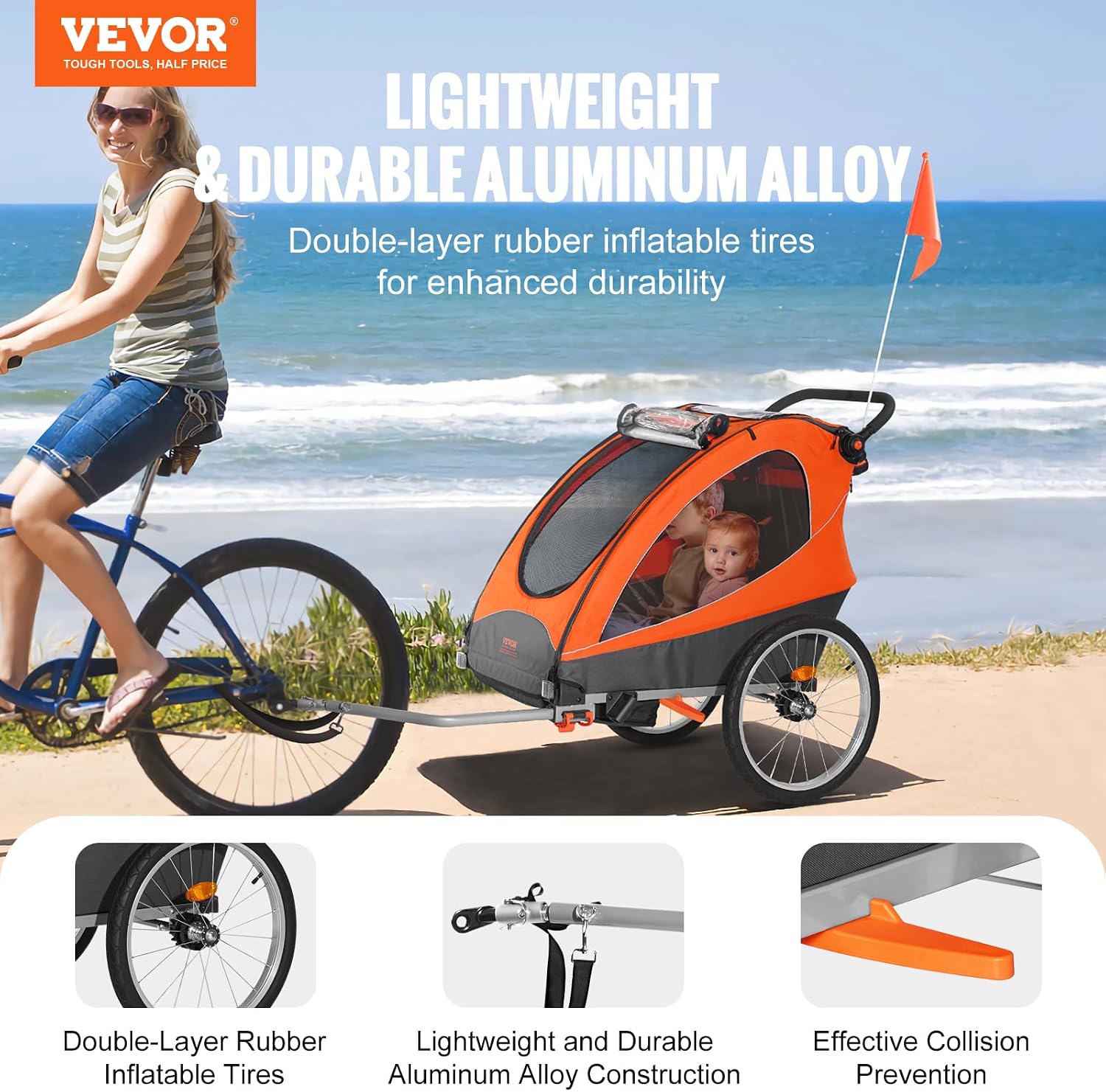 VEVOR Bike Trailer for Toddlers Kids, Single & Double Seat Options, 2-in-1 Canopy Carrier with Strong Frame Converts to Stroller, Tow Behind Foldable Child Bicycle Trailer with Universal Coupler
