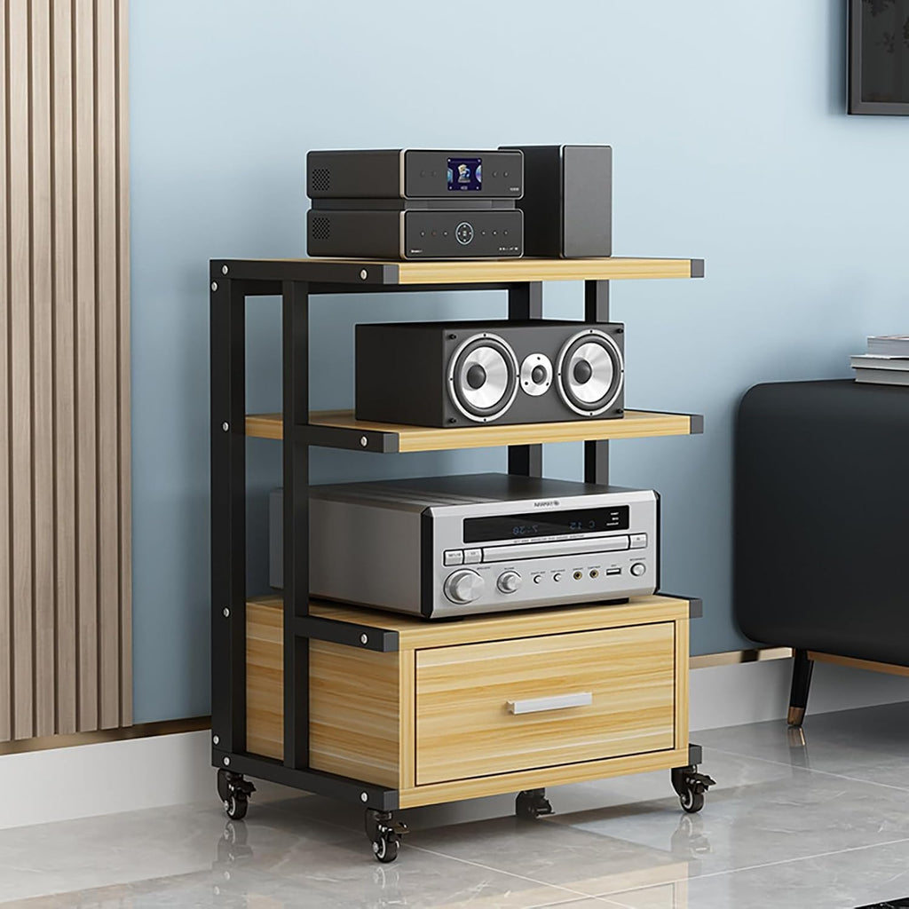Media Storage Cabinet AV Media Stand 3-Tier Audio Component Rack, Corner Entertainment Center Equipment Console Shelf Thickened Steel Pipe, for Meeting Living(Yellow)