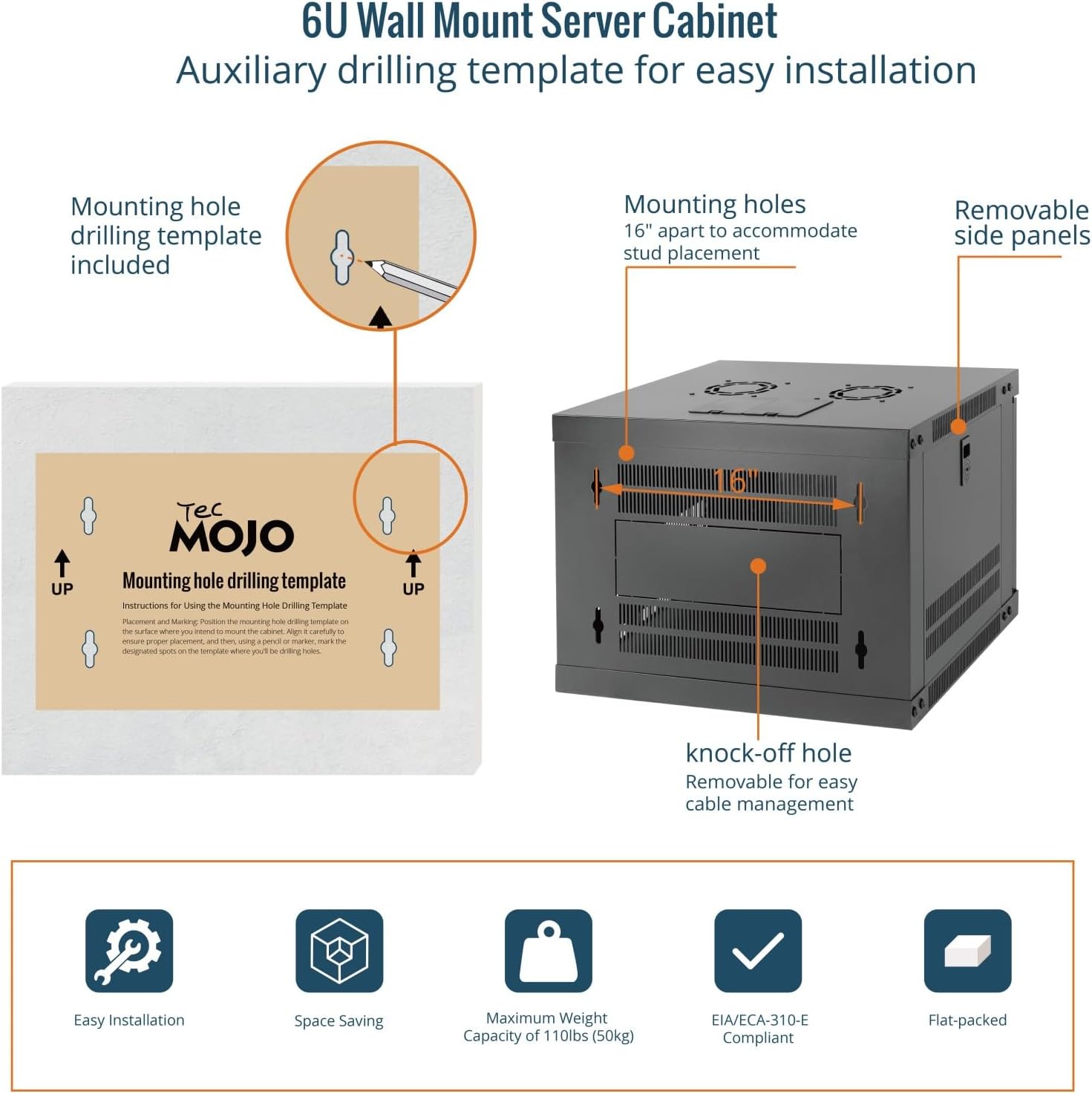 Tecmojo 6U Wall Mount Rack with Thermostat, 17.7inch Depth Enclosed Server Cabinet with 2 Cooling Fans,Lockable Door & Hardware,6U Rack for 19inch Equipments,Glass Door