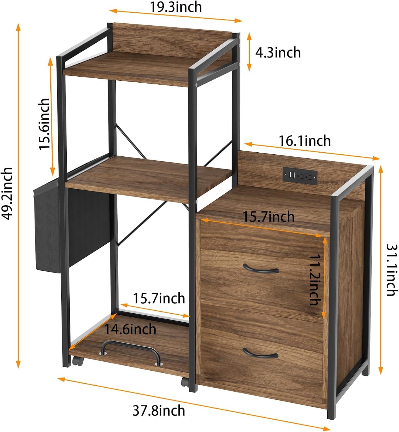 Printer Stand with Storage, 49.2' × 37.8' 3-Tier 3D Printer Table with 2 Drawers, Charging Station & LED Lights, Side Organizer Basket, Rolling Printer Cart for Scanner Fax Office, Rustic Brown