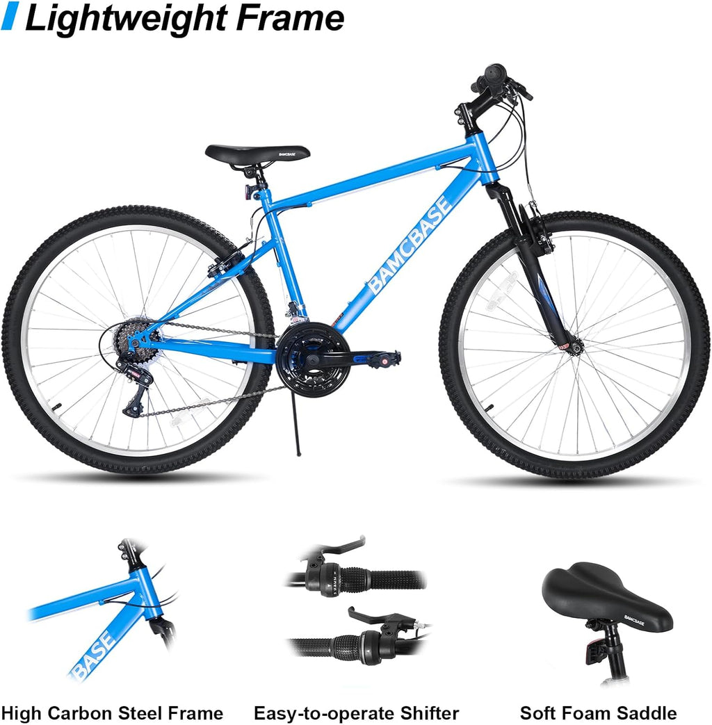 HILAND 26 27 Inch Mountain Bike, Mens Womens MTB with 18 Speeds, High-Tensile Steel Frame, V Brake, Hardtail Bicycle for Adults