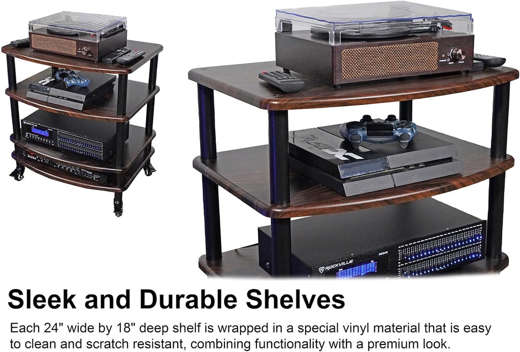 Rockville Bundle FLX Dark Wood Adjustable Height 4 Shelf Home Theater Audio Rack Stand Bundle Shelf for FLX Dark Wood Add-On Shelf + Tubes for FLX (2 Items)