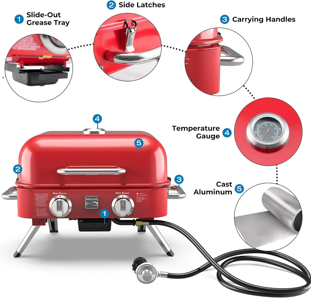 Kenmore Portable Propane Gas Grill - Tabletop BBQ Grill with Warming Rack, 2 Stainless Steel Burners with 14,000 BTUs, for Outdoor Kitchen, Camping, Red