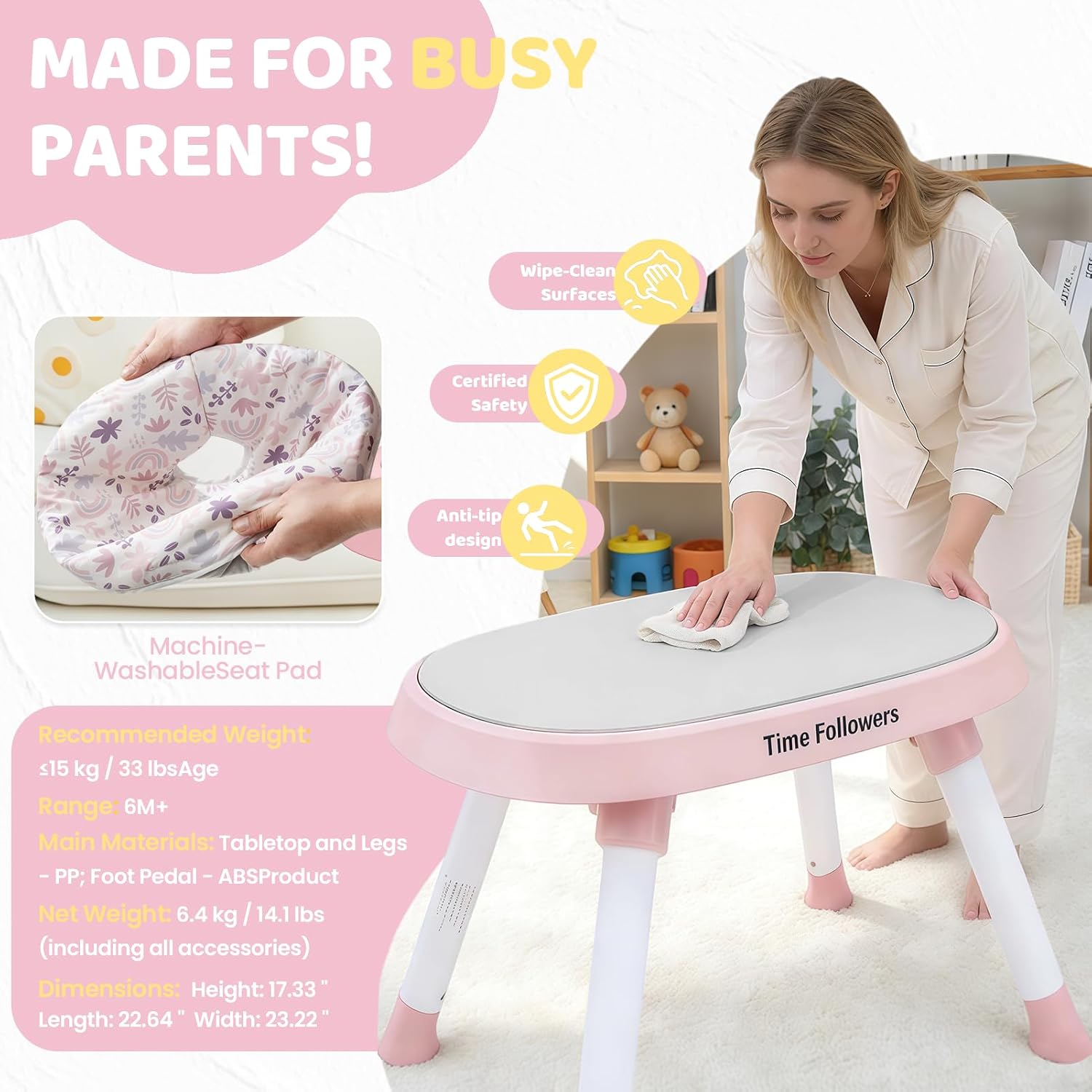 Time Followers® 6-in-1 Baby Activity Center | 4 Stage Montessori-Inspired Toys | Grow Stationary Standing Toddler Table | Jumpers & Bouncers | Must Have for Boy & Girl 6, 12, 24+ Month Old (Pink)